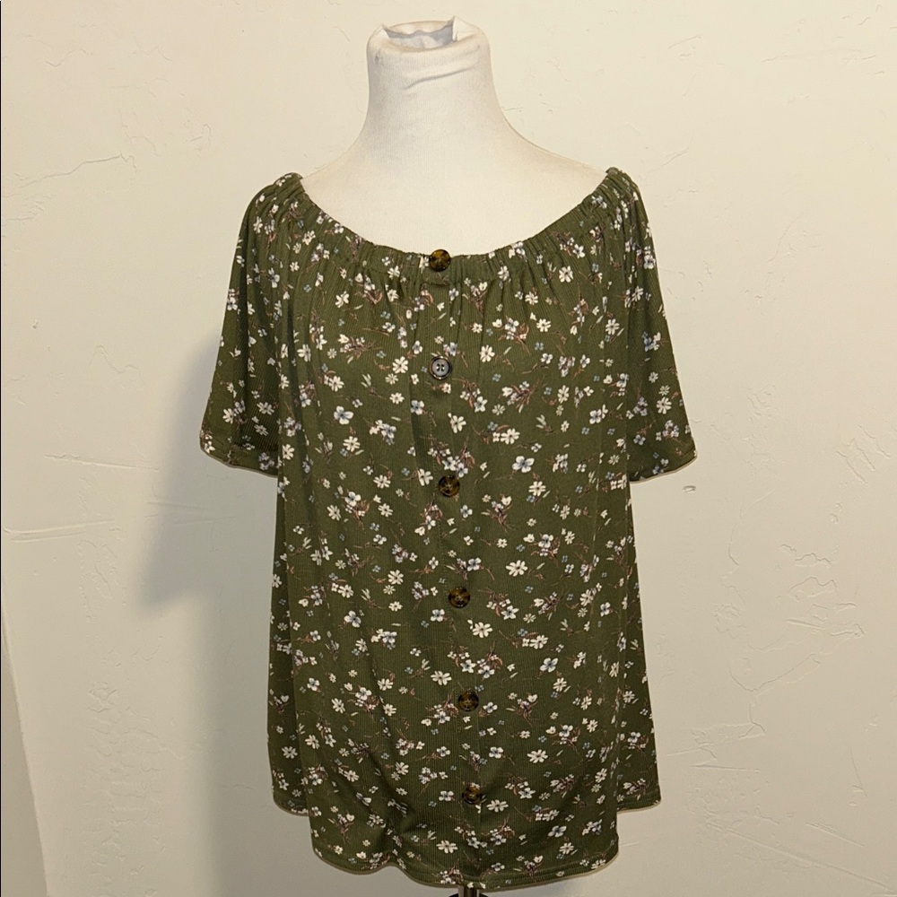 Urban Vine 2XL Off The Shoulder Green Floral Print Polyester Spandex Blouse